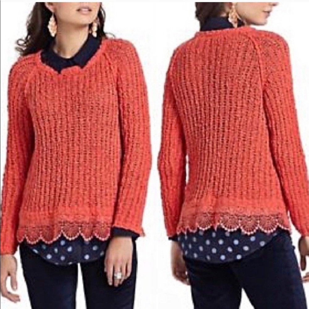 Knitted & Knotted Coral Orange Lace Hem Sweater